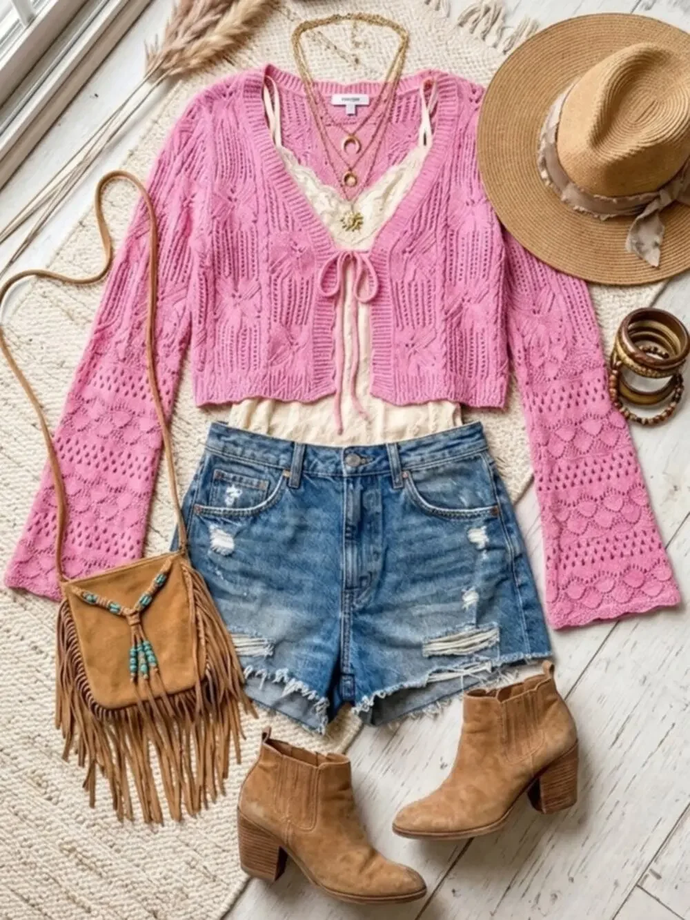 Entro Pink Crochet Bell Sleeve Cardigan Tie Front Boho L NWT
